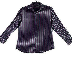 Mens J Ferrar Shirt Button Up Long Sleeve Black Pink Striped Large 16-16.5